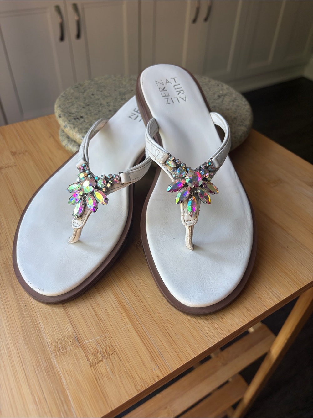 Naturalizer White “Liliana” Thong Sandals with Iridescent Embellishment Gems
